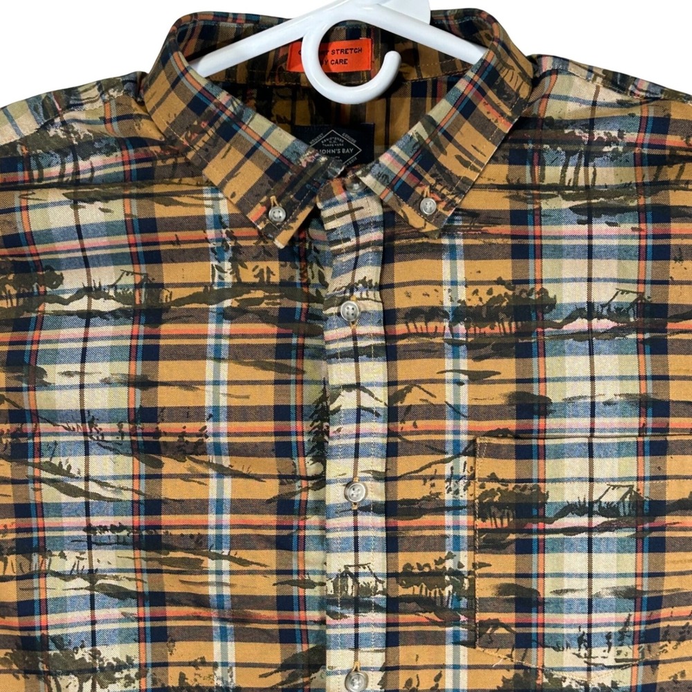 St Johns Bay Mens XL Performance Plaid Scenic Landscape Button Down Shirt Tan